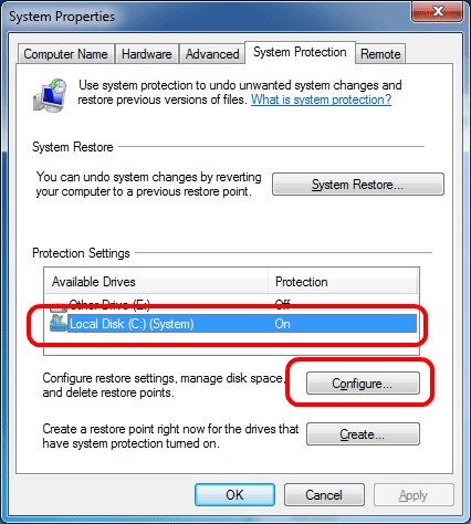 Windows System Protection, Configuration